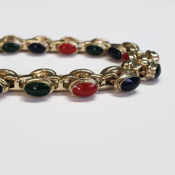 Vintage Navy Blue Red & Green Enamel Gold Tone Link Bracelet 8" - Picture 4 of 8